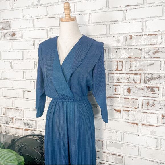 Vintage 80s Rabbit Rabbit Rabbit Multi Blue Knit V-neck Jumpsuit 6 - Picture 2 of 12